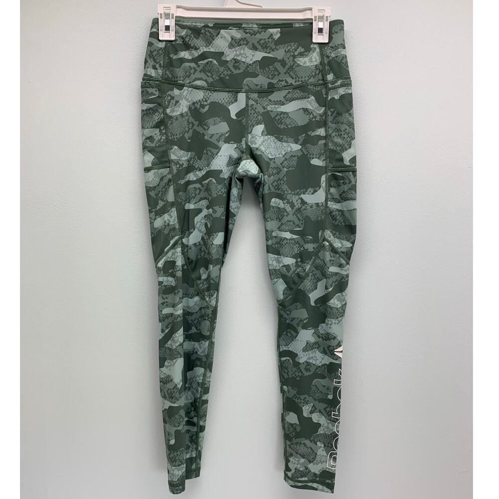 Reebok Leggings Womens Small Green Camo Pockets Logo Activewear Stretch